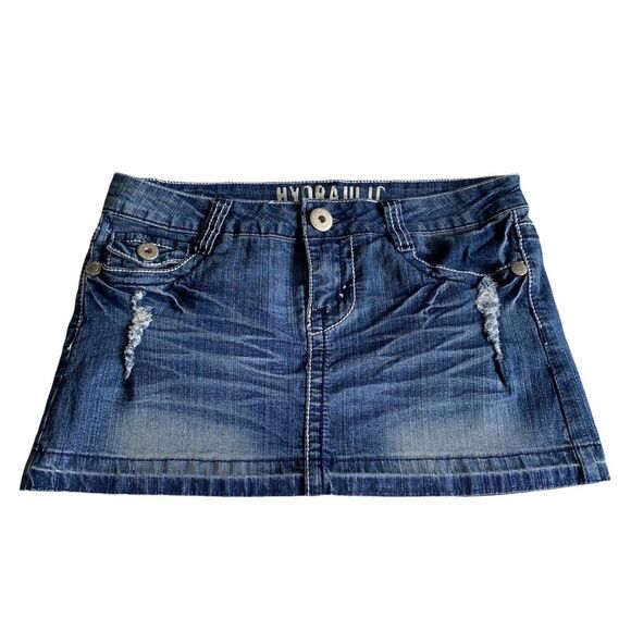Vintage Hydraulic Distressed Denim Blue Jean Flap Pocket Micro Mini Skirt Sz 7/8 - Picture 1 of 14